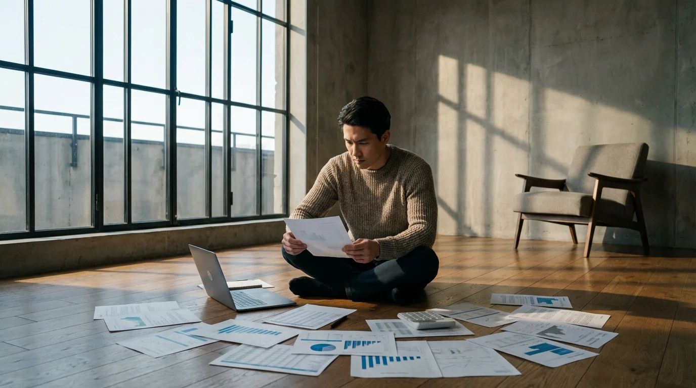 Person sits on a living room floor surrounded by financial papers in afternoon light.
