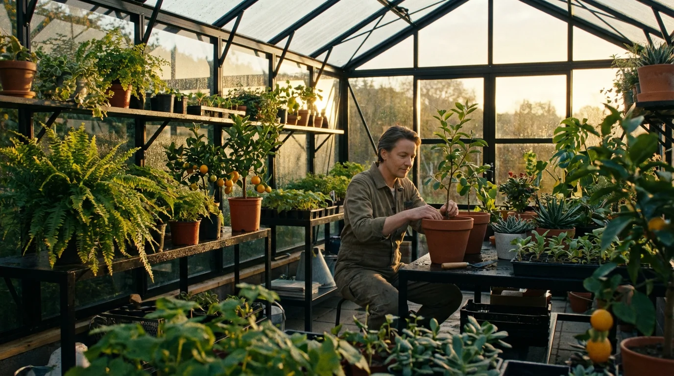 Person tending to diverse plants in a modern greenhouse during golden hour, representing investment growth.