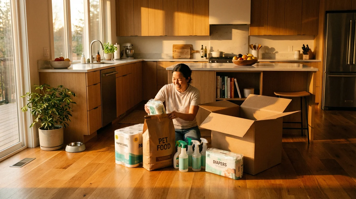 Person unpacking a large subscription box of unbranded household goods in a sunny modern kitchen.