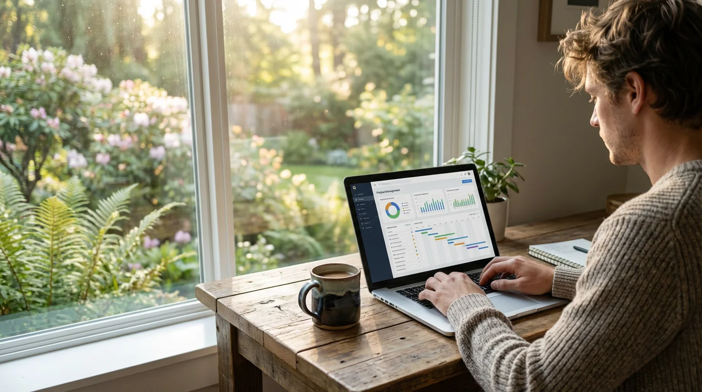 Person working on a laptop at a desk with a garden view, representing remote work.