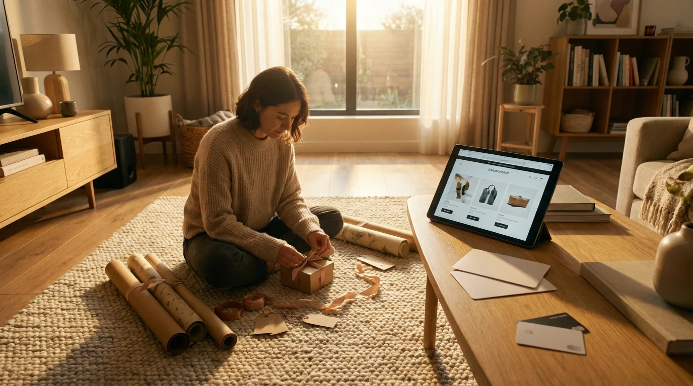 Person wrapping gifts in a sunlit living room with credit cards and gift cards nearby.