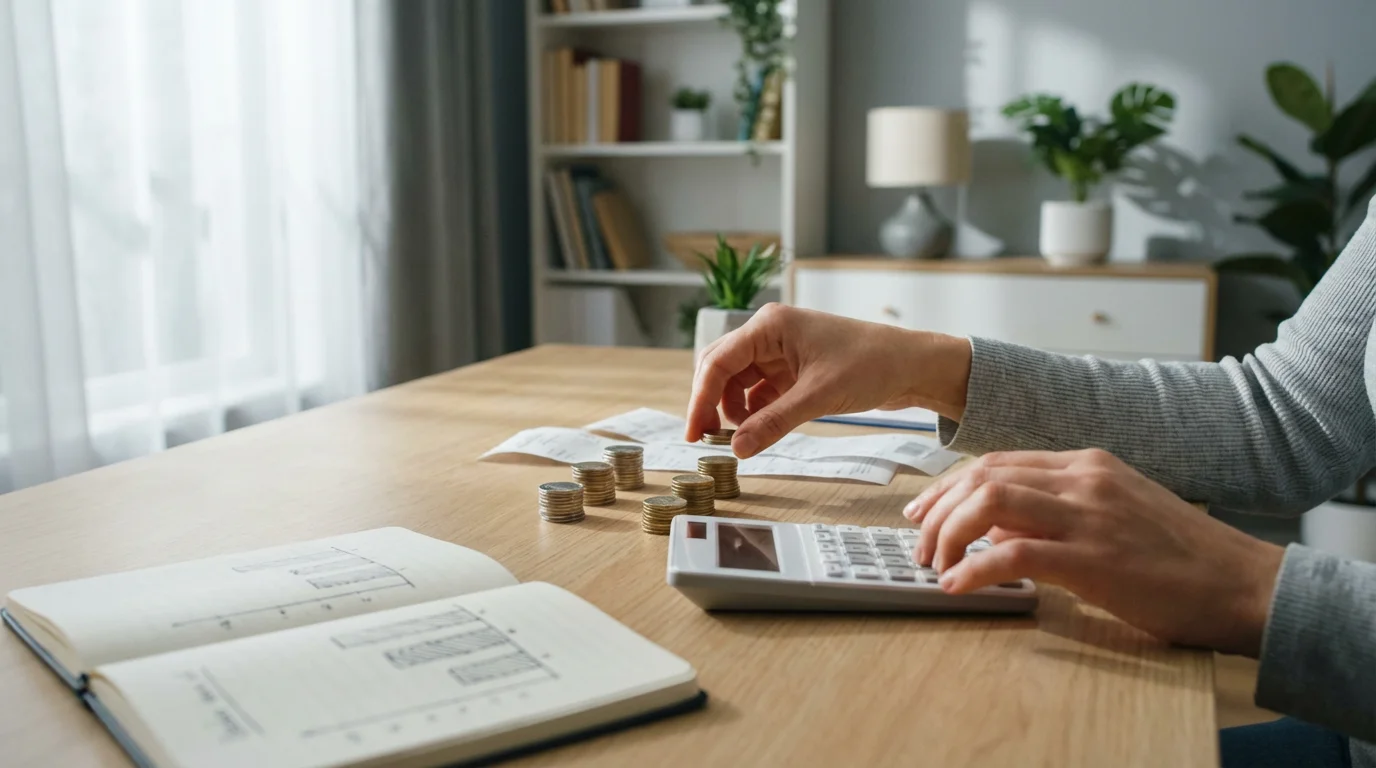 Person's hands at a desk calculating side hustle income with coins and a calculator.