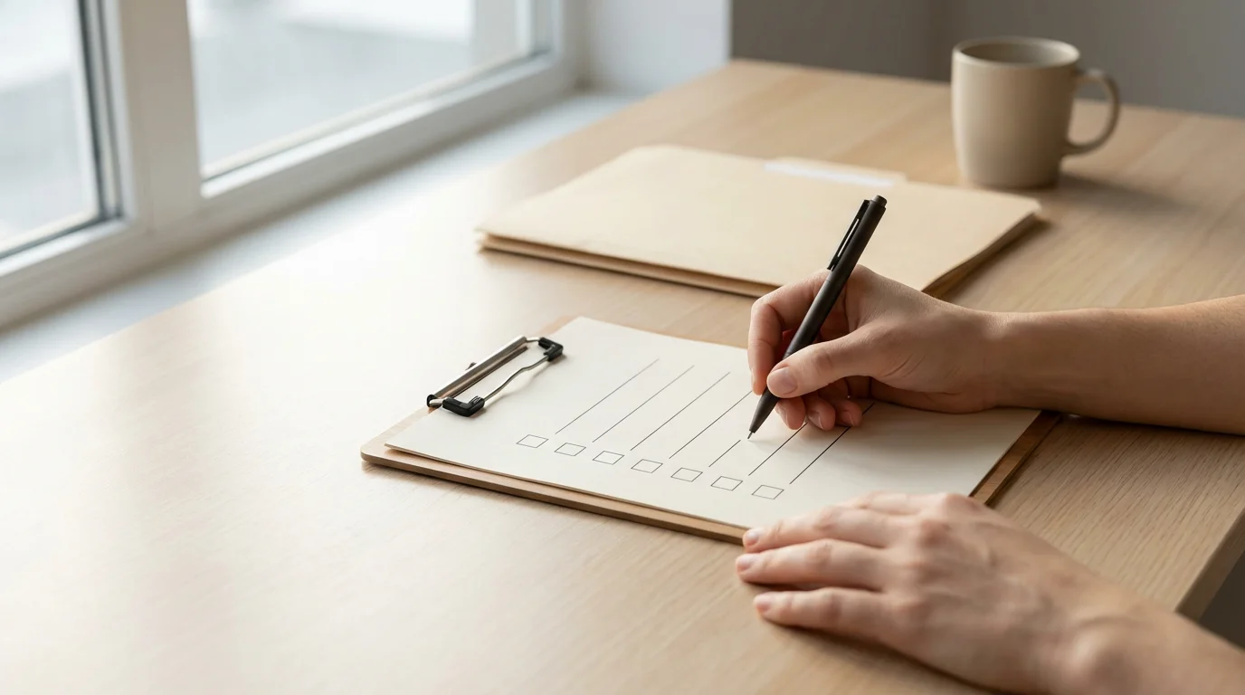 Person's hands calmly writing a financial emergency checklist at a sunlit wooden desk.