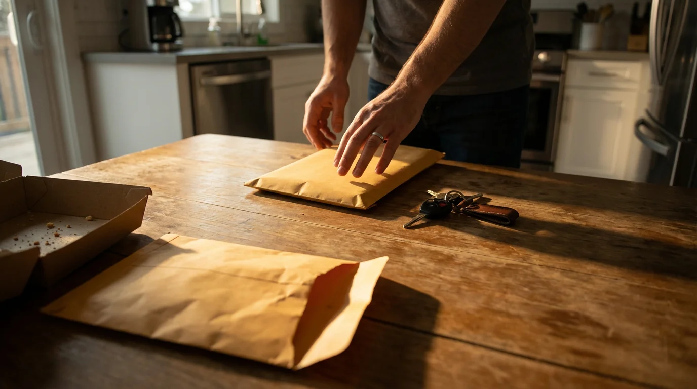 Person's hands hesitating between an empty envelope and a full one on a table.