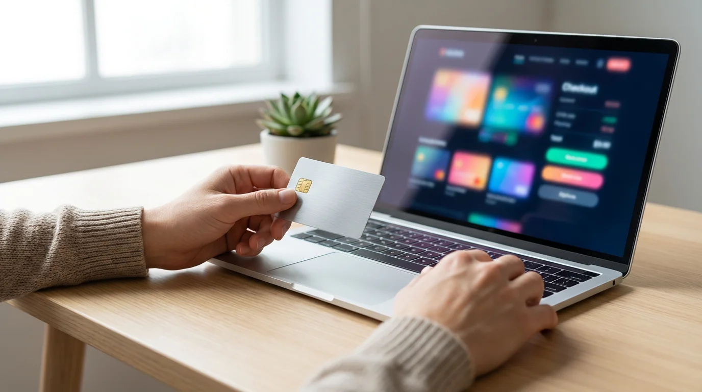 Person's hands holding a generic credit card over a laptop on a brightly lit desk.