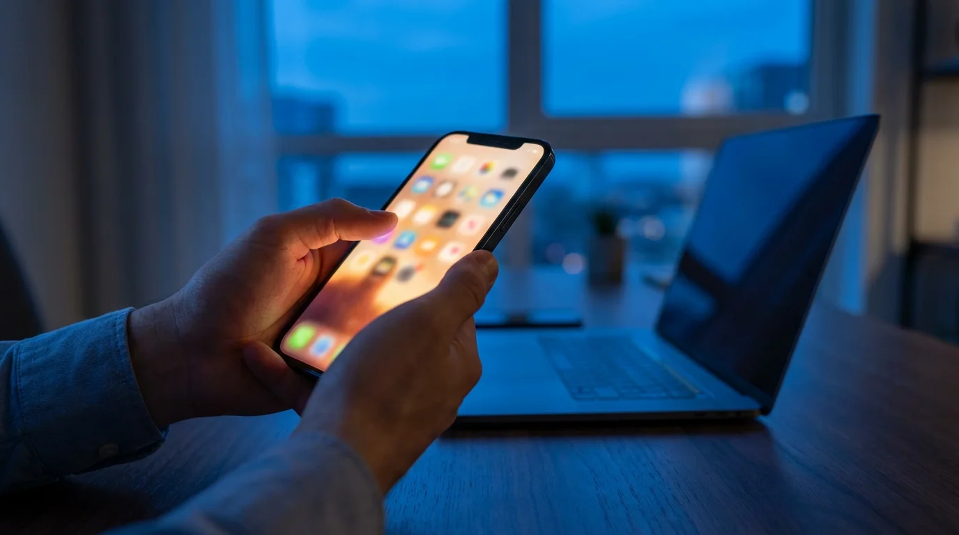 Person's hands holding a glowing smartphone at a desk during blue hour.