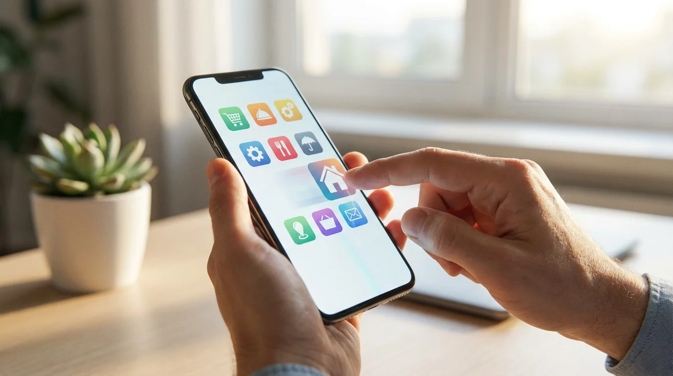Person's hands holding a smartphone, quickly categorizing expenses on a minimalist app.