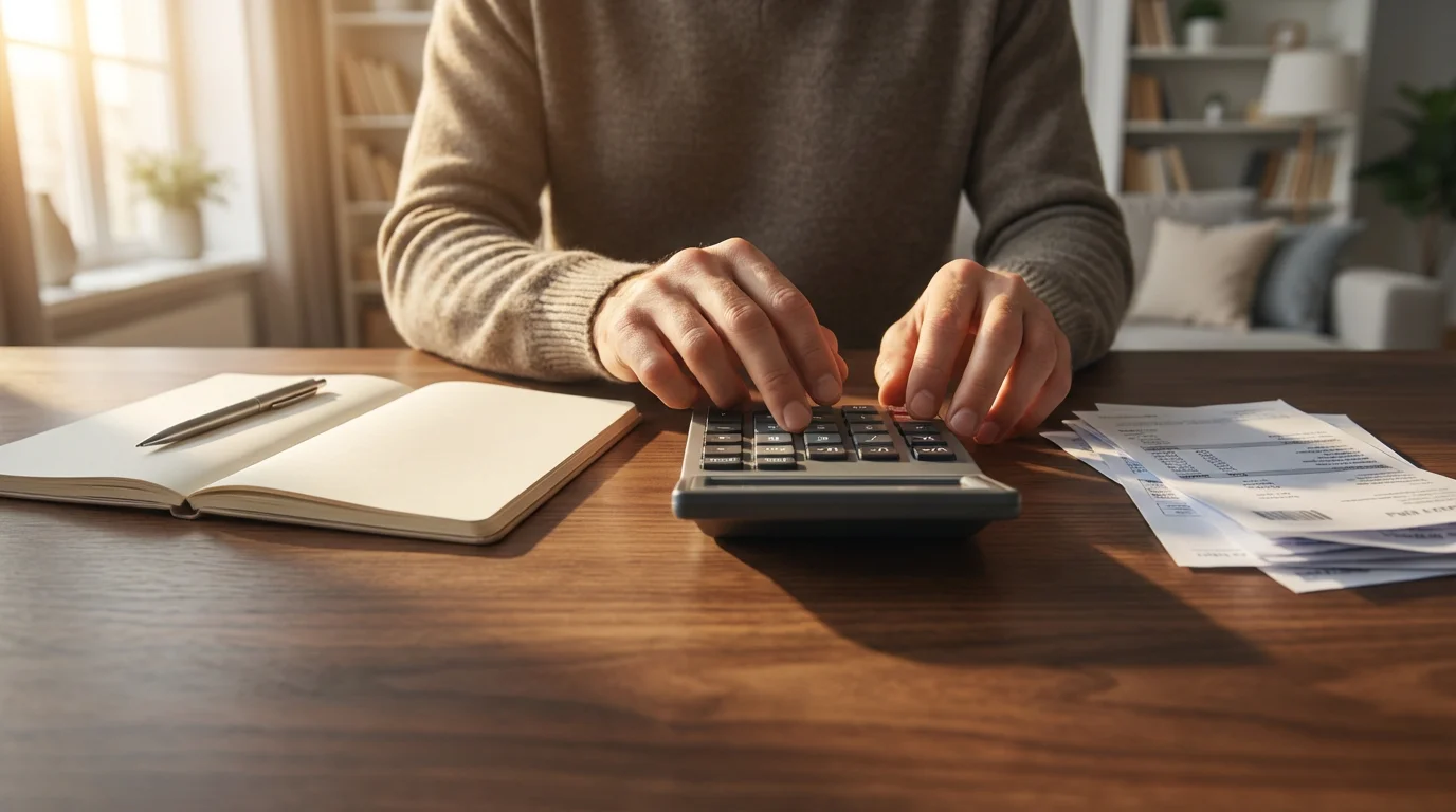 Person's hands using a calculator at a desk during golden hour to plan a budget.