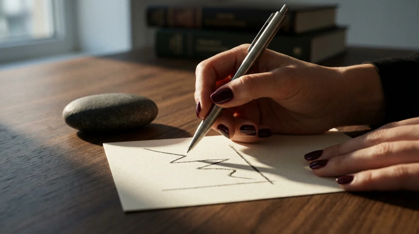 Professional's hands with a pen and stability stone on a desk during a consultation.