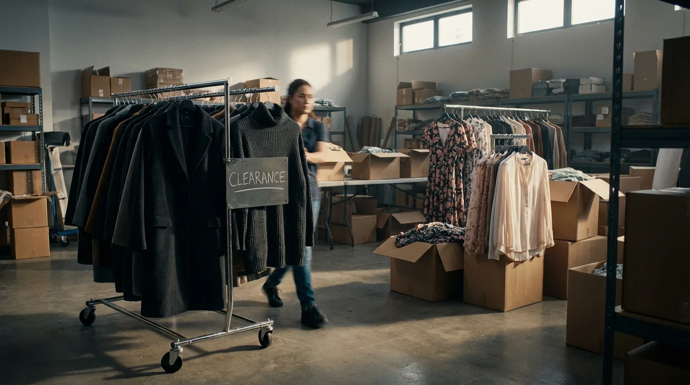 Retail stockroom with winter clearance racks being replaced by new spring inventory.