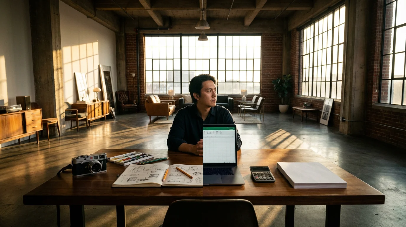Self-employed person sitting at a large desk in a loft managing creative and business tasks.