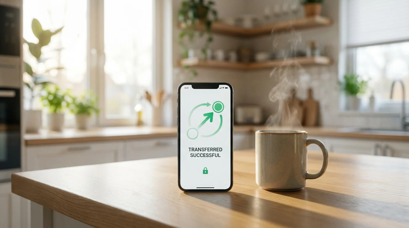 Smartphone on a kitchen table with an abstract financial graphic next to a coffee mug.
