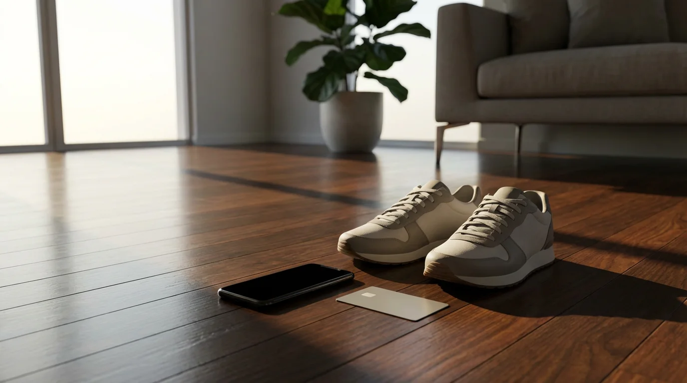 Sneakers, a smartphone, and a credit card on a floor, symbolizing stacked shopping rewards.