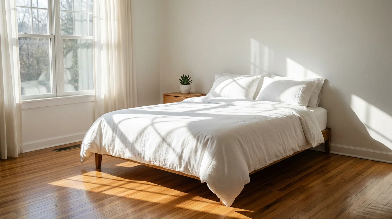Sunlit modern guest bedroom with long shadows, prepared for rental through sharing economy.