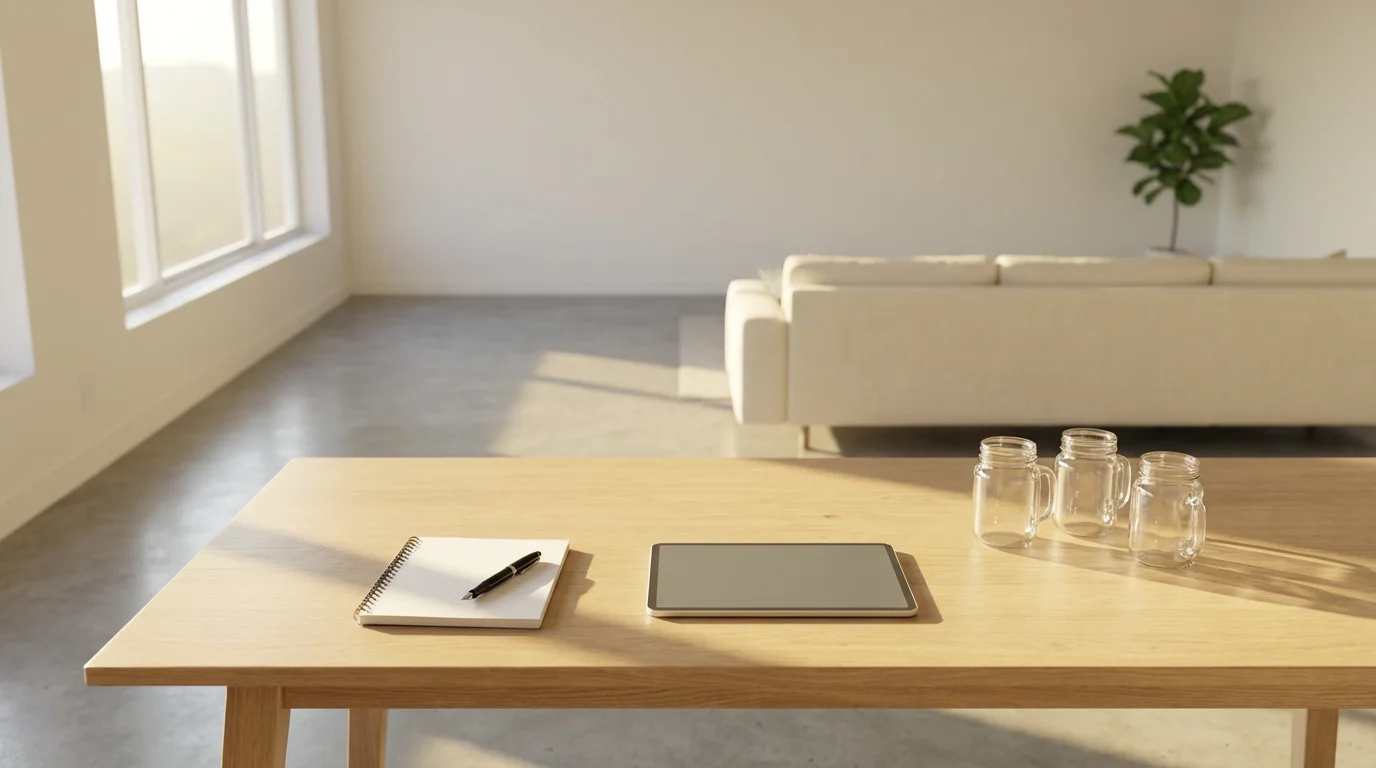 Sunlit table with a notebook, tablet, and glass jars symbolizing different budgeting methods.