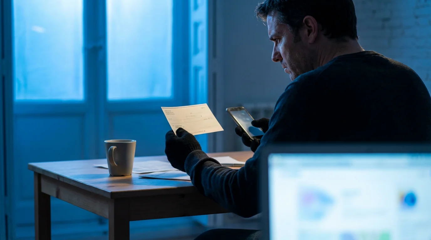 Suspicious person holding a check and a smartphone in a dimly lit home office.