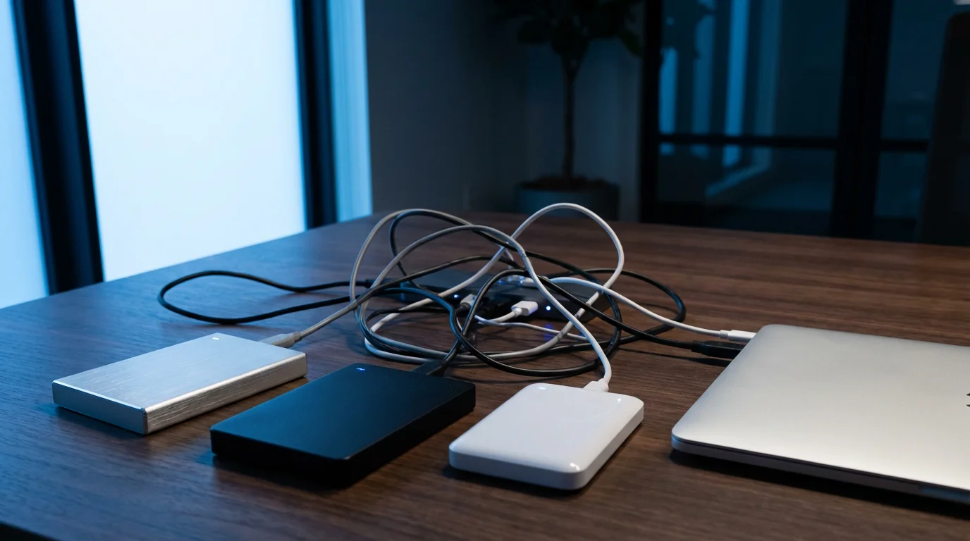 Three different external hard drives tangled with cables on a desk at twilight.