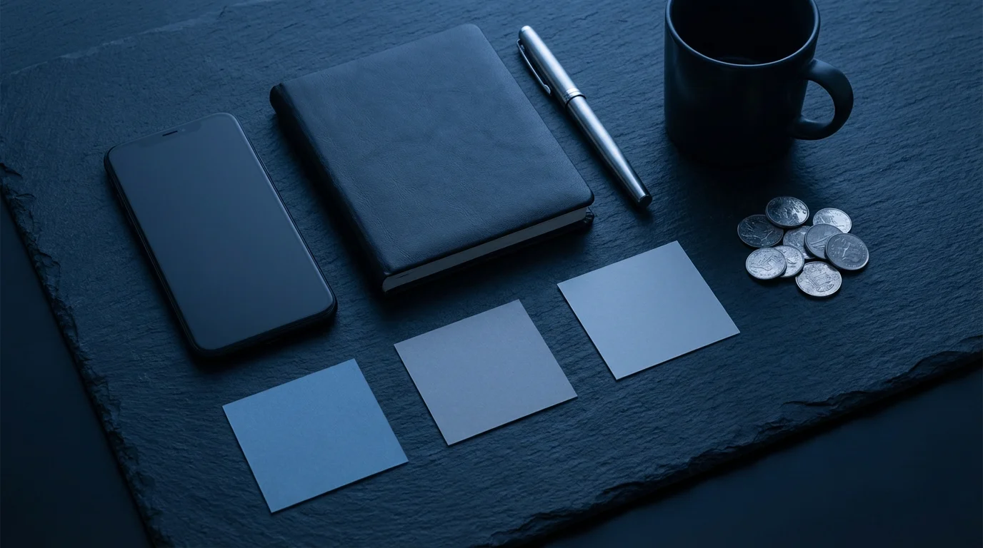 Top-down view of a desk with a smartphone, journal, and sorting cards at dusk.