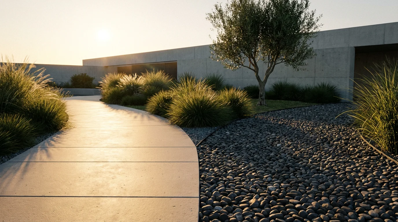 Two diverging paths, one light stone and one dark stone, in a modern garden.