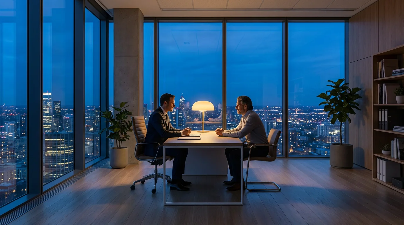 Two people having a professional financial consultation in a modern city office at dusk.
