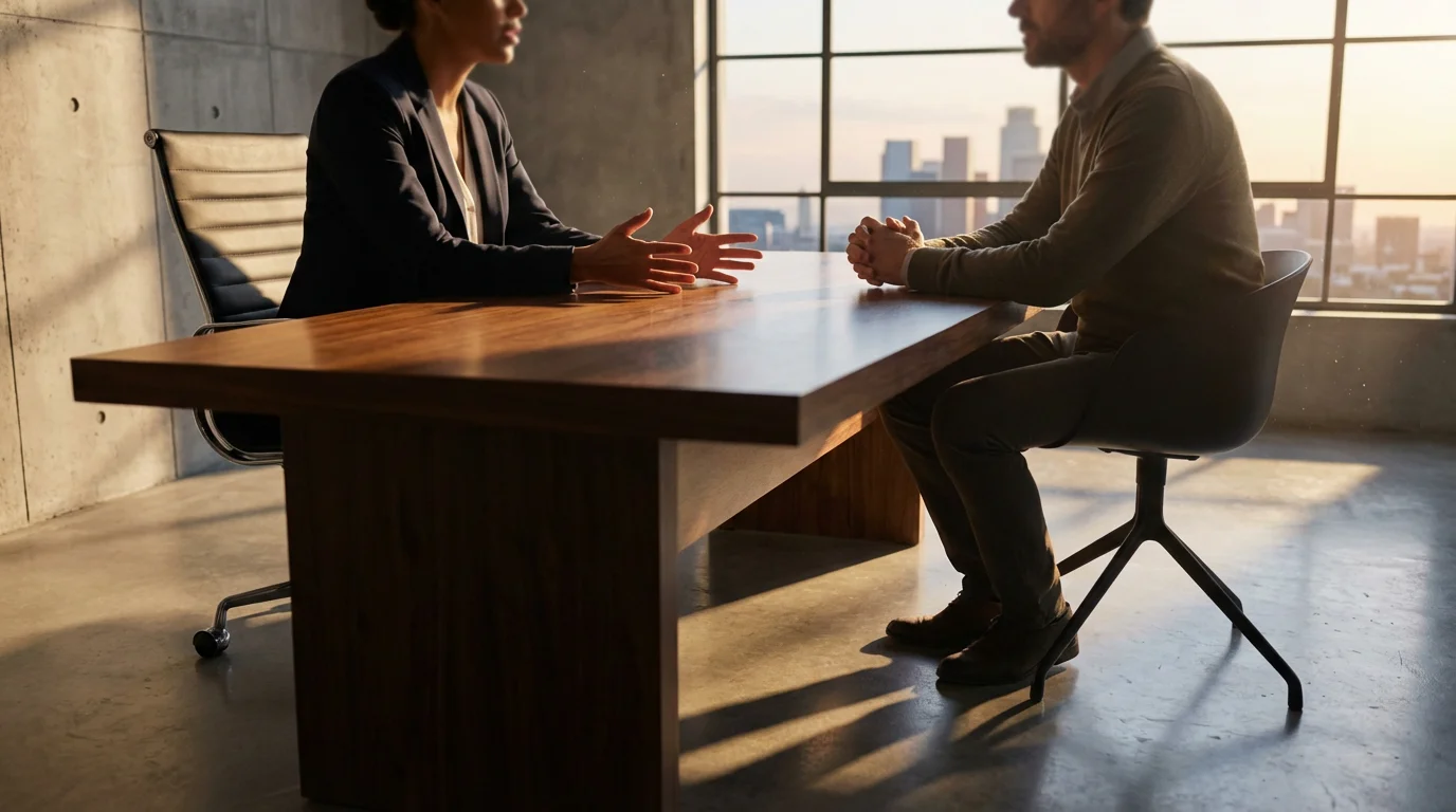 Two people in a professional office having a serious conversation about finances.
