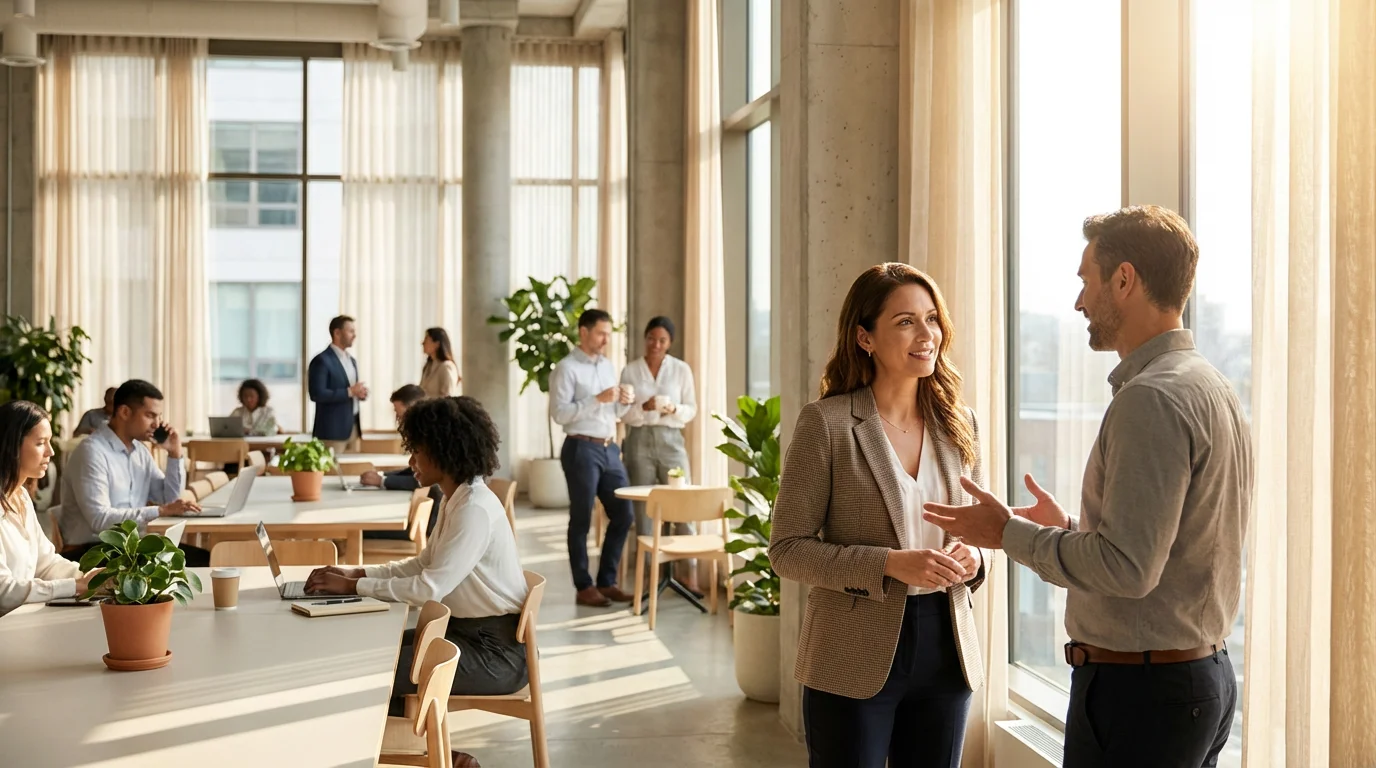 Two professionals networking in a bright, modern co-working space cafe during the morning.