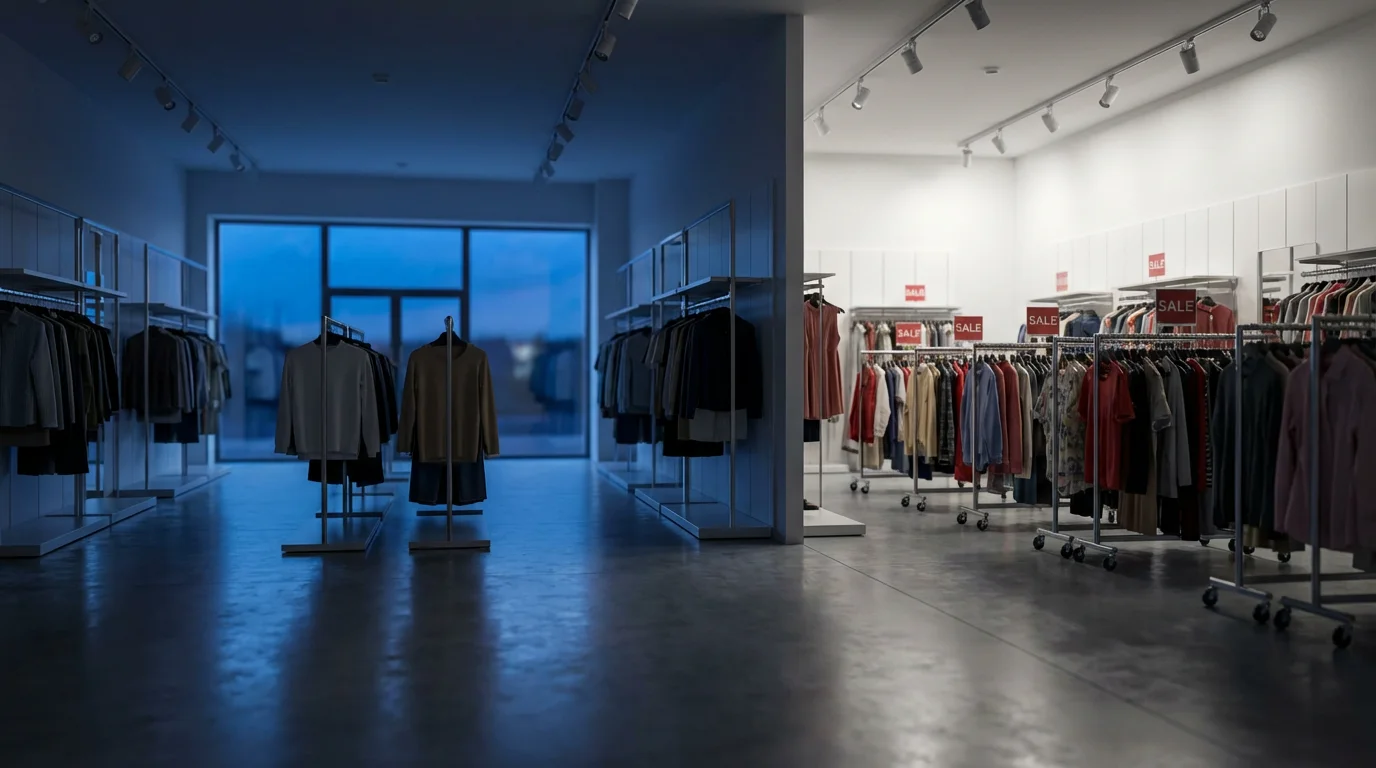Wide shot of a modern clothing store's back corner clearance section at twilight.