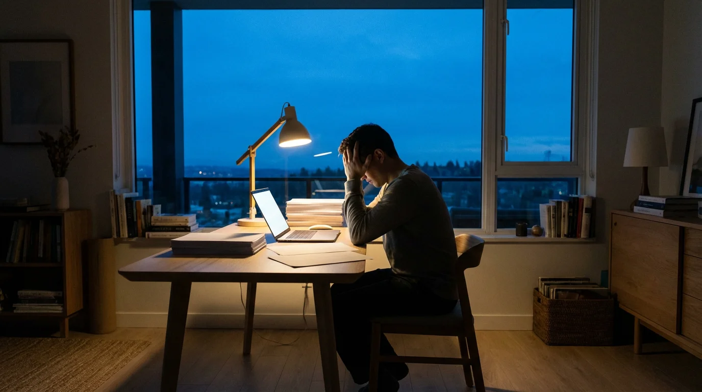 Wide shot of a person working late at a desk in a home office.