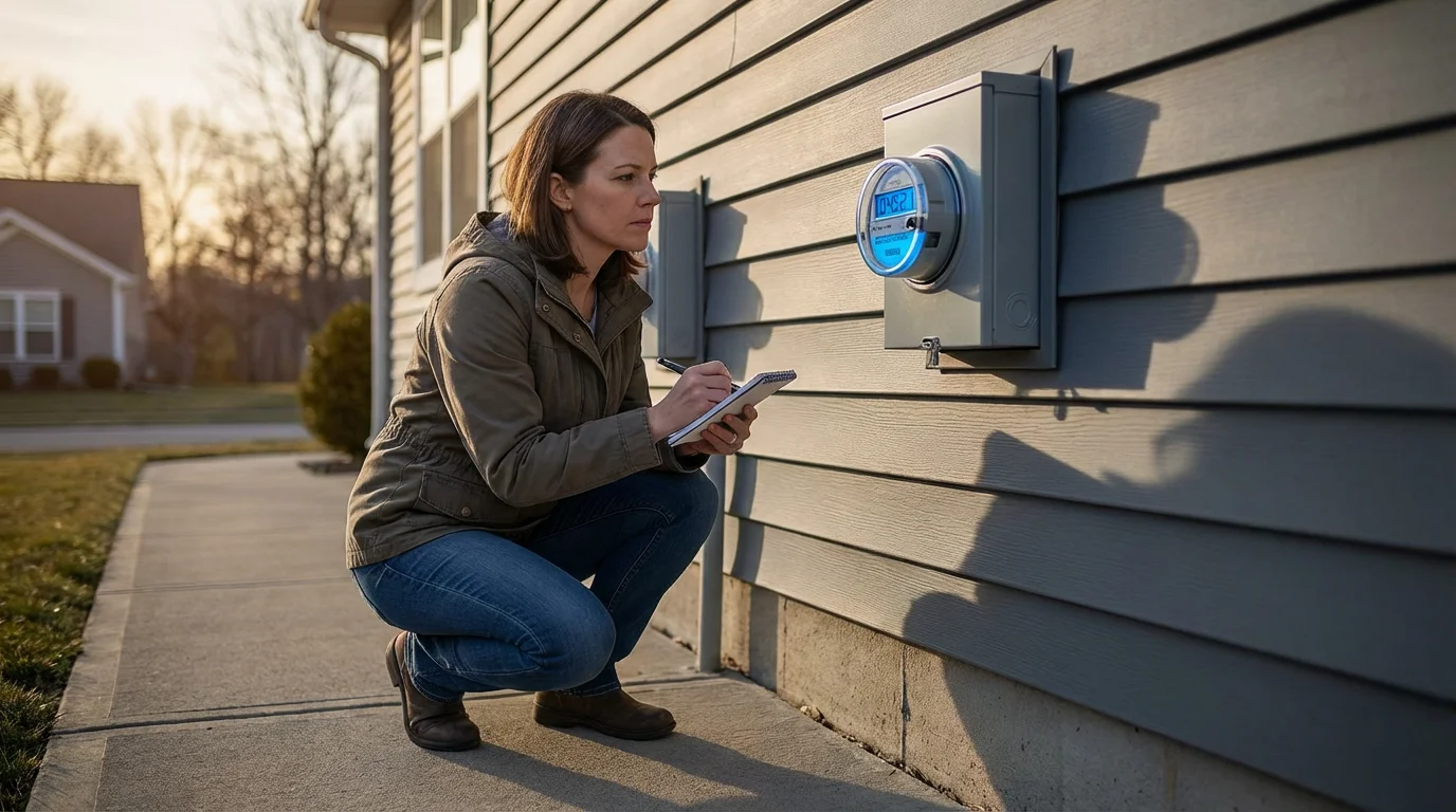 Woman in a denim jacket crouching to inspect a digital electric meter outdoors.
