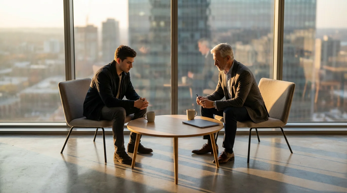 Young adult having a serious consultation with a financial advisor in a modern office.