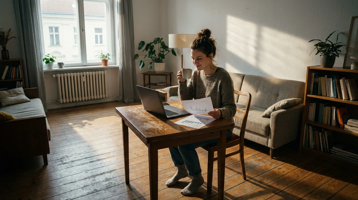 Young adult looks at papers with relief in a modest, sun-drenched apartment.