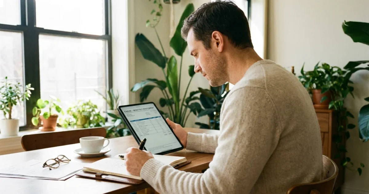 A woman sitting at a bright desk looking at a laptop and holding a credit card, symbolizing financial planning.