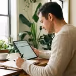 A woman sitting at a bright desk looking at a laptop and holding a credit card, symbolizing financial planning.