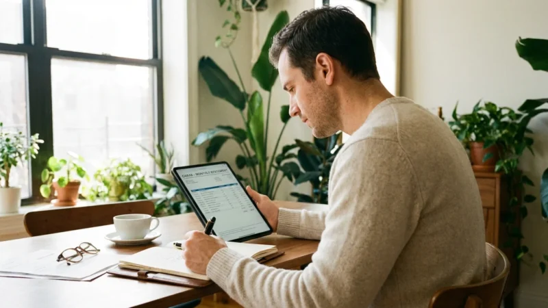 A woman sitting at a bright desk looking at a laptop and holding a credit card, symbolizing financial planning.