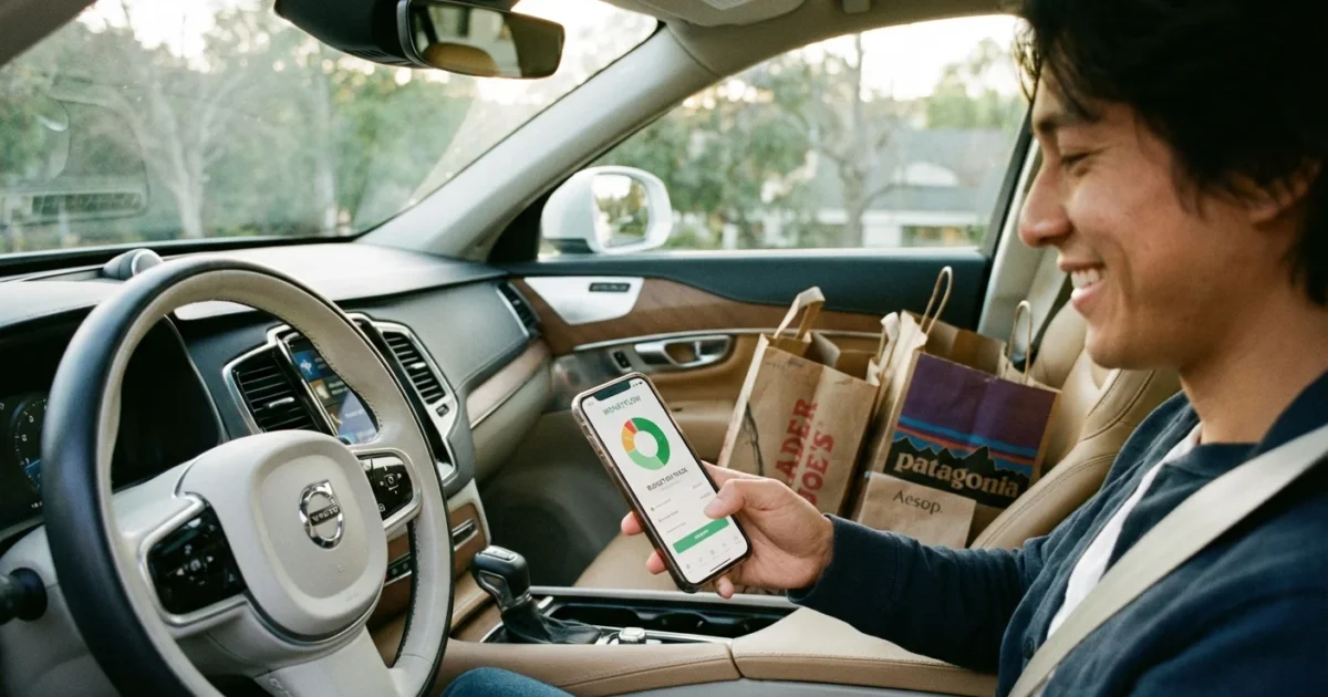 A couple reviews their household budget on a tablet in a bright, modern kitchen.