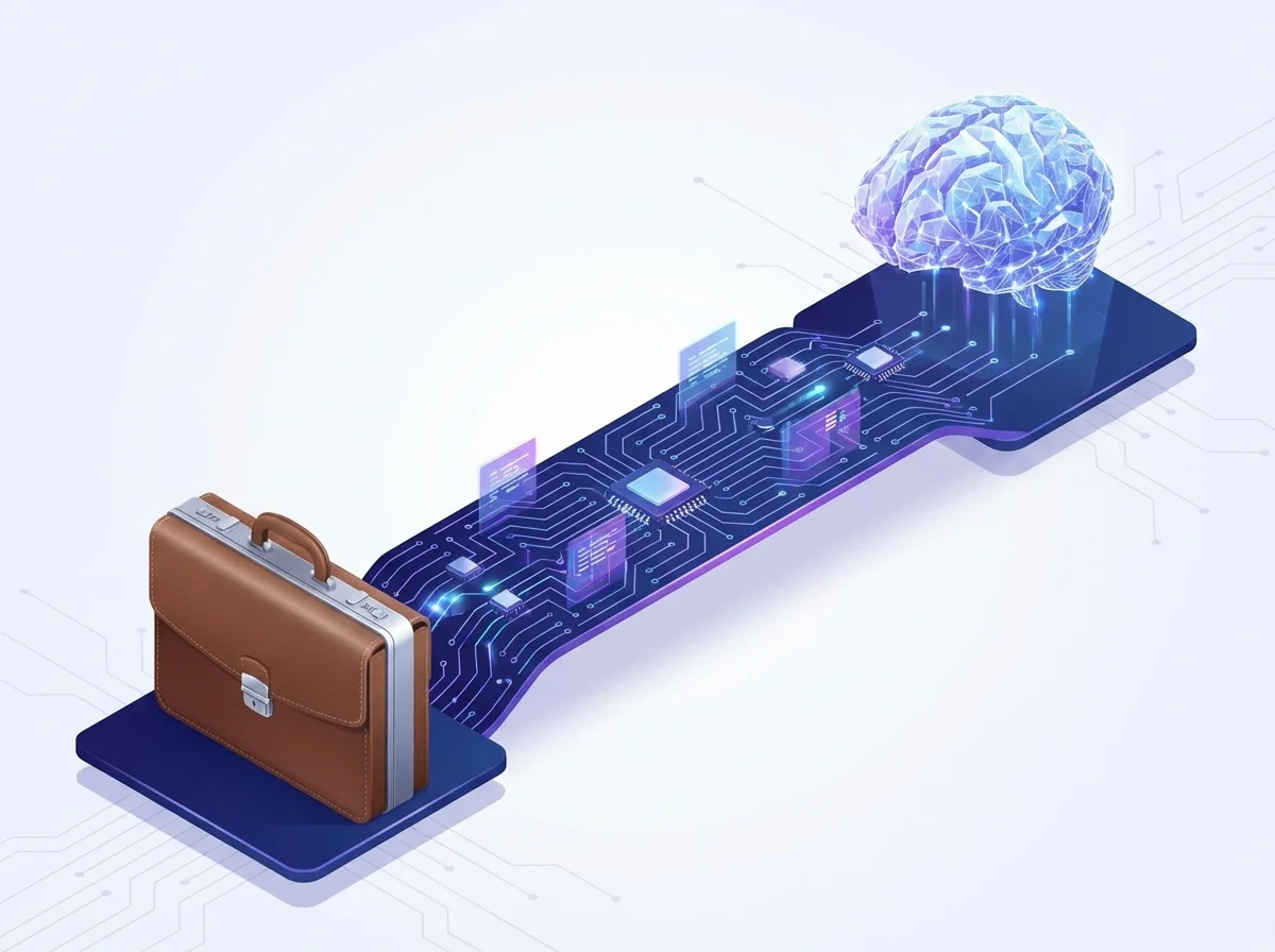 3D isometric bridge connecting traditional work concepts to AI technology.