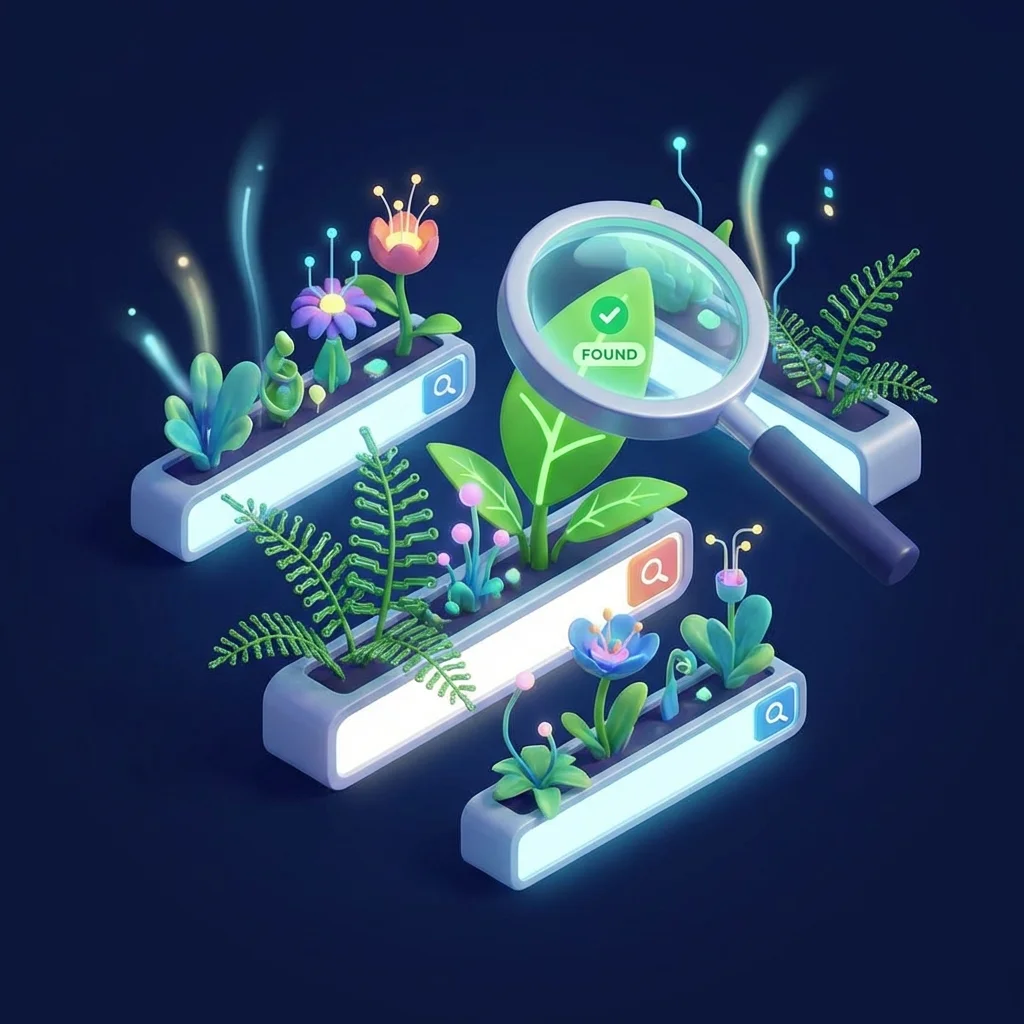 3D isometric digital garden representing niche SEO growth and search visibility.