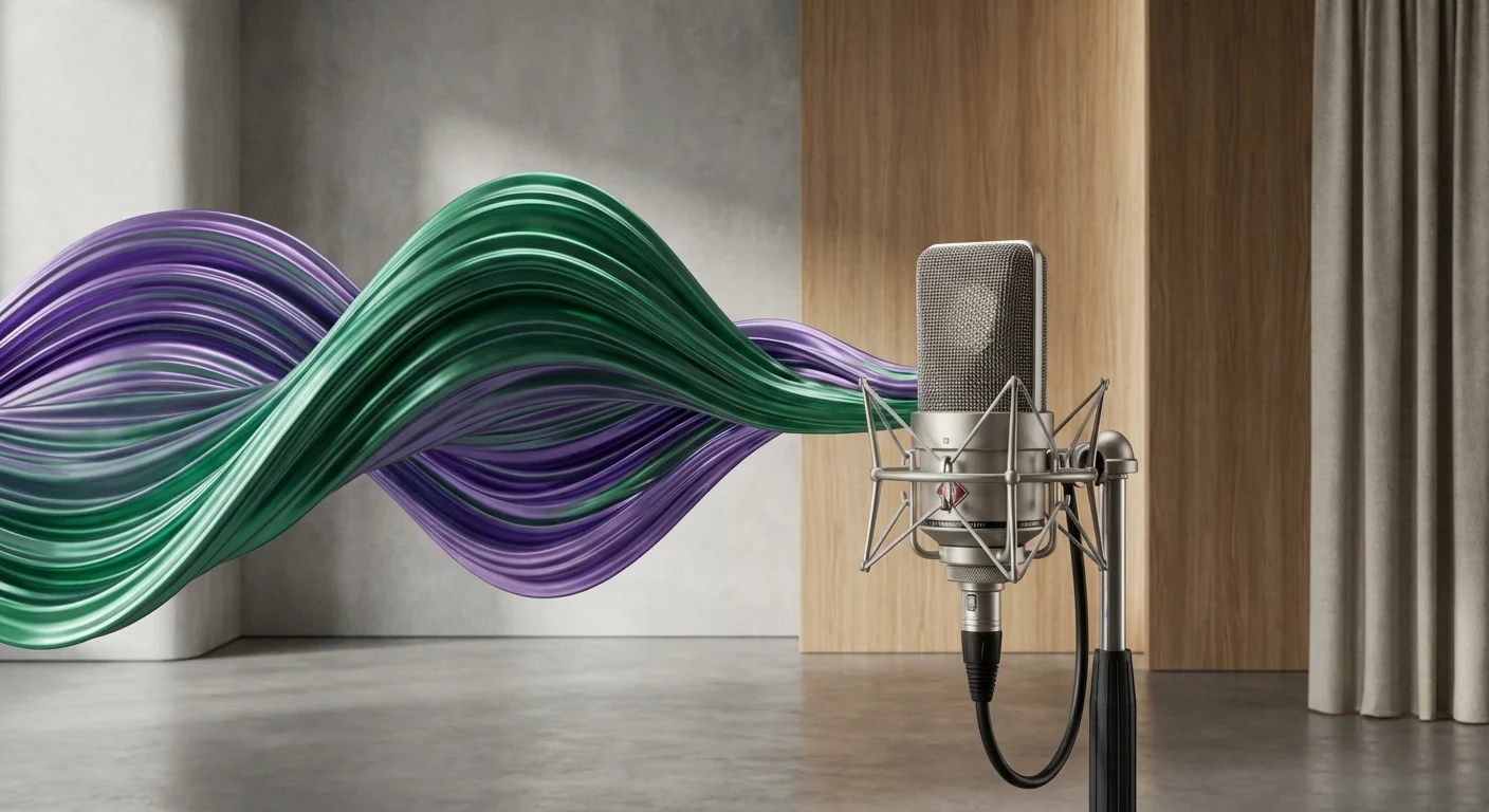 3D metallic sound waves entering a microphone, representing AI audio services.