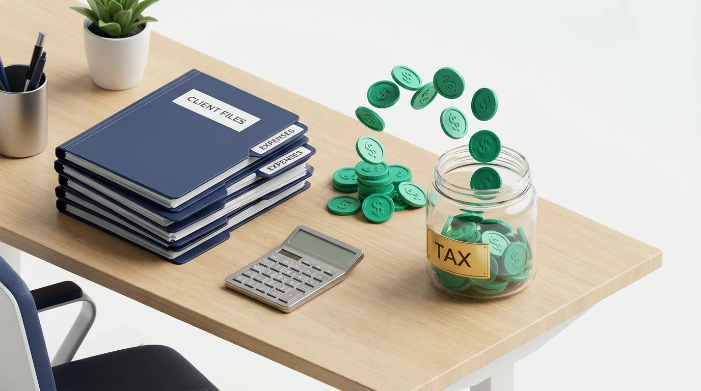 3D render of a calculator, folders, and coins being saved for taxes.