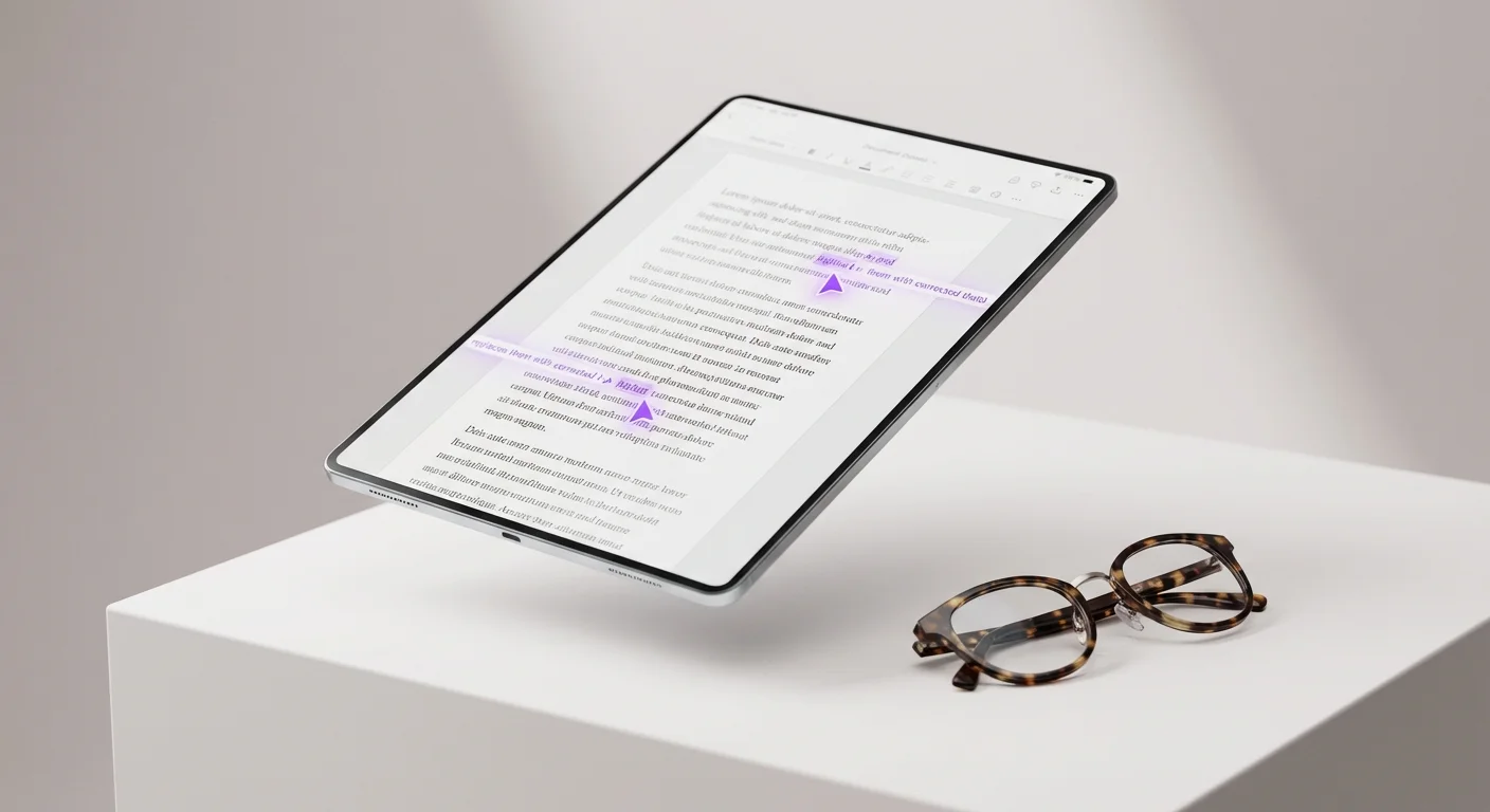 3D render of a digital tablet showing AI-powered text editing and corrections.