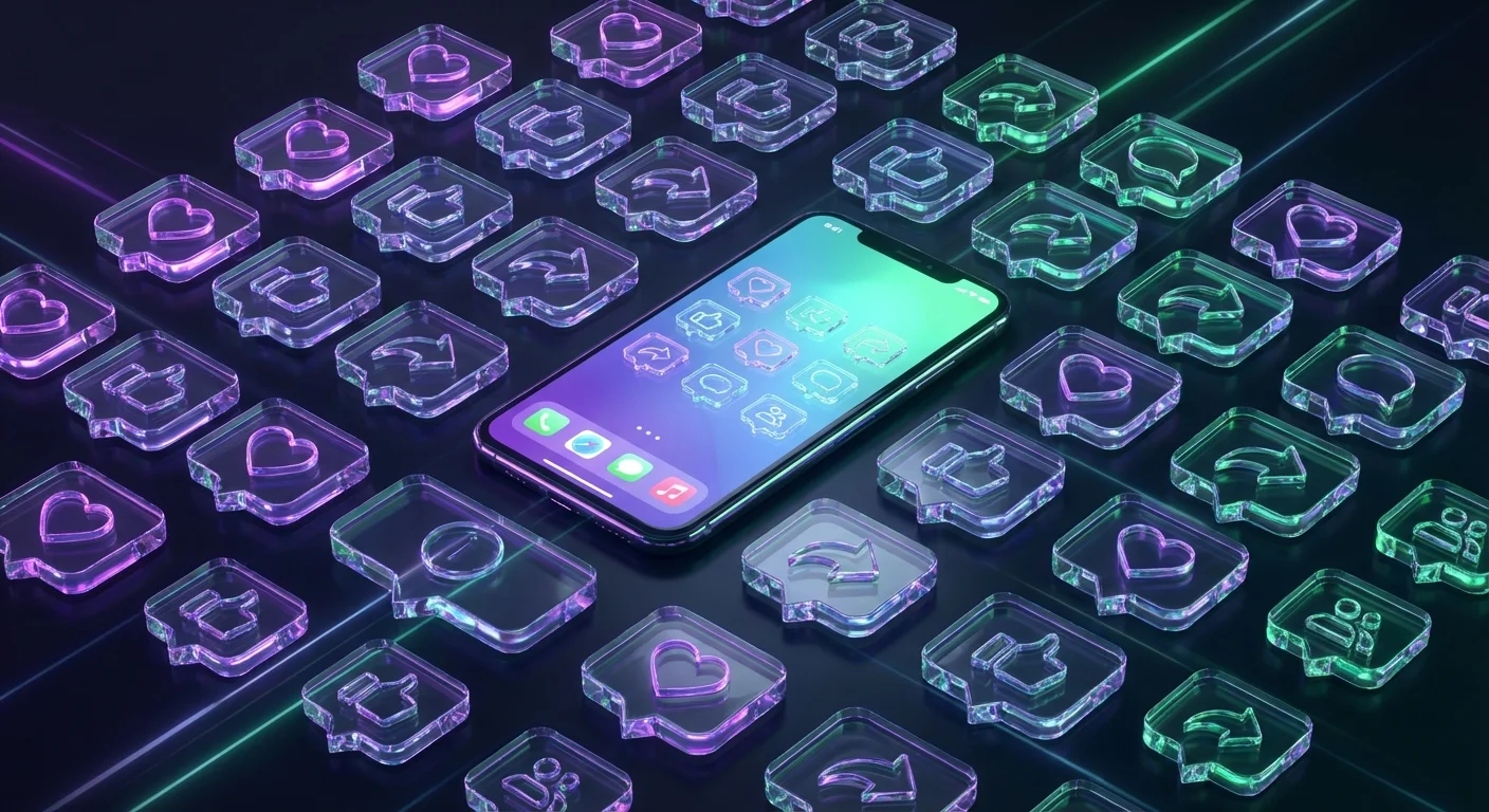 3D translucent social media icons arranged neatly around a smartphone.