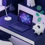 3D isometric render of a digital workspace with AI symbols and floating coins representing side hustle income.