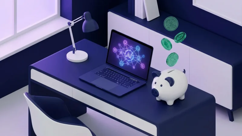 3D isometric render of a digital workspace with AI symbols and floating coins representing side hustle income.