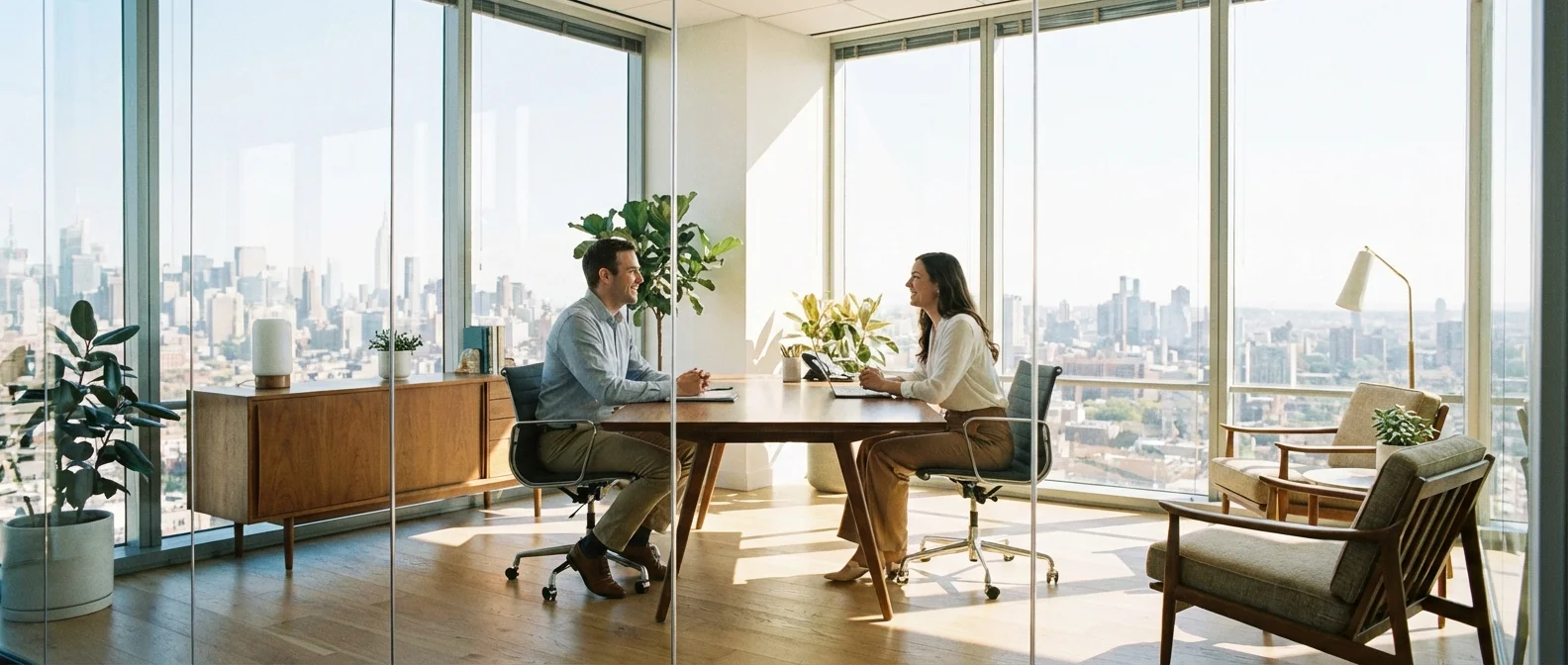 A blurred, professional meeting between two people across a wooden table.