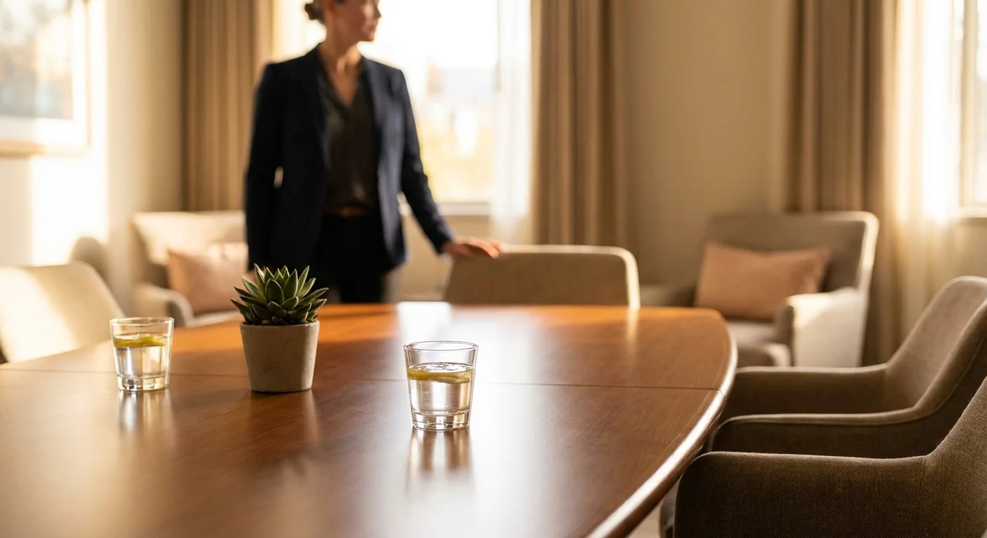 A clean, inviting professional office space with a wooden table and a plant.