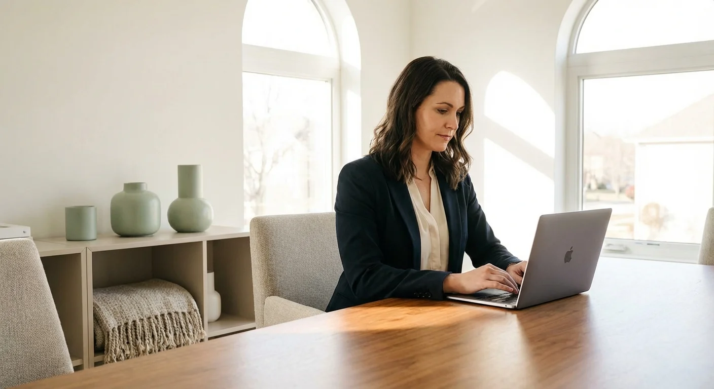 A clean, organized workspace with a laptop and a plant, symbolizing clarity and growth.