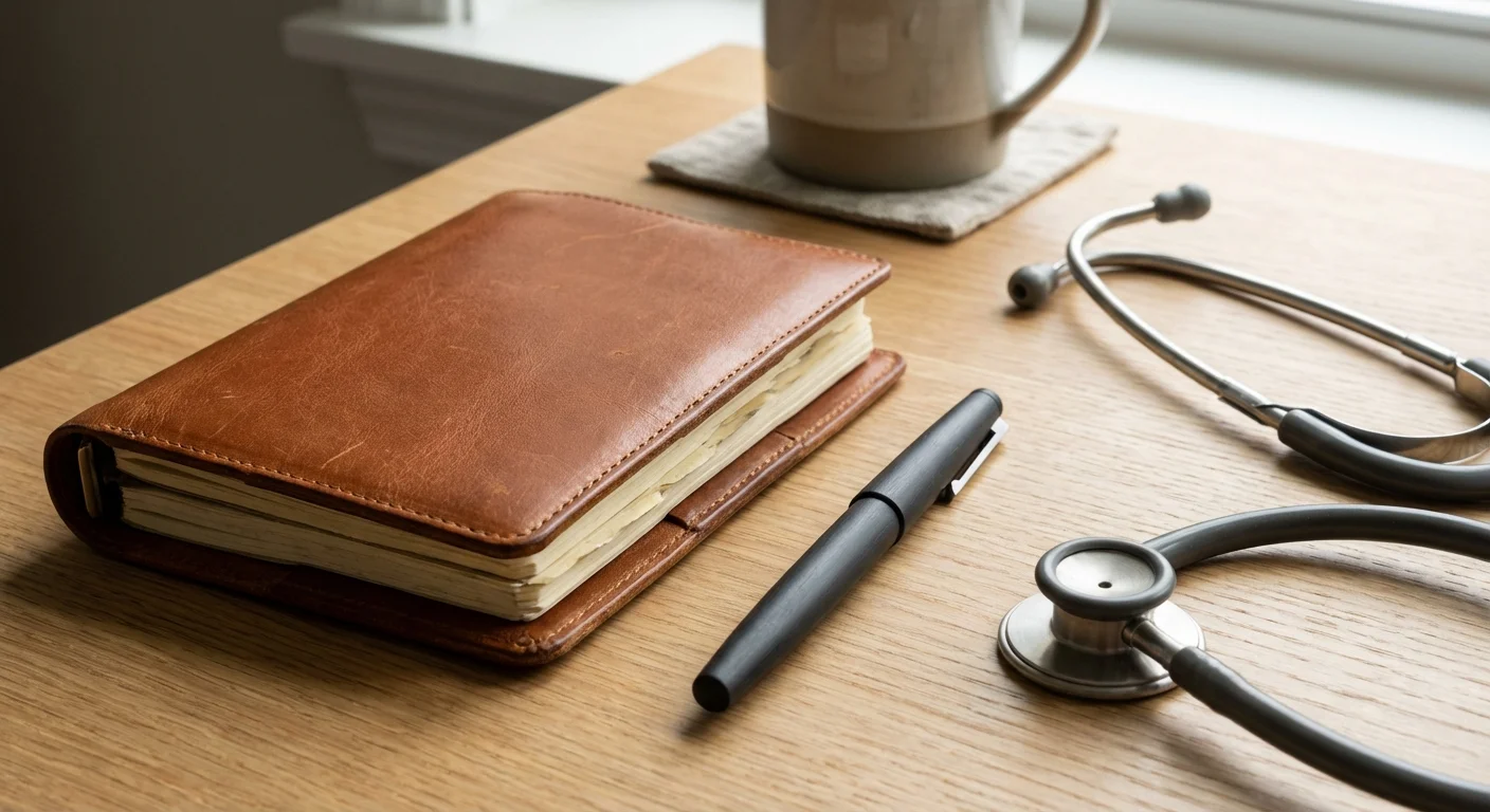A close-up of a planner and a stethoscope on a wooden desk, representing the intersection of health and finance.