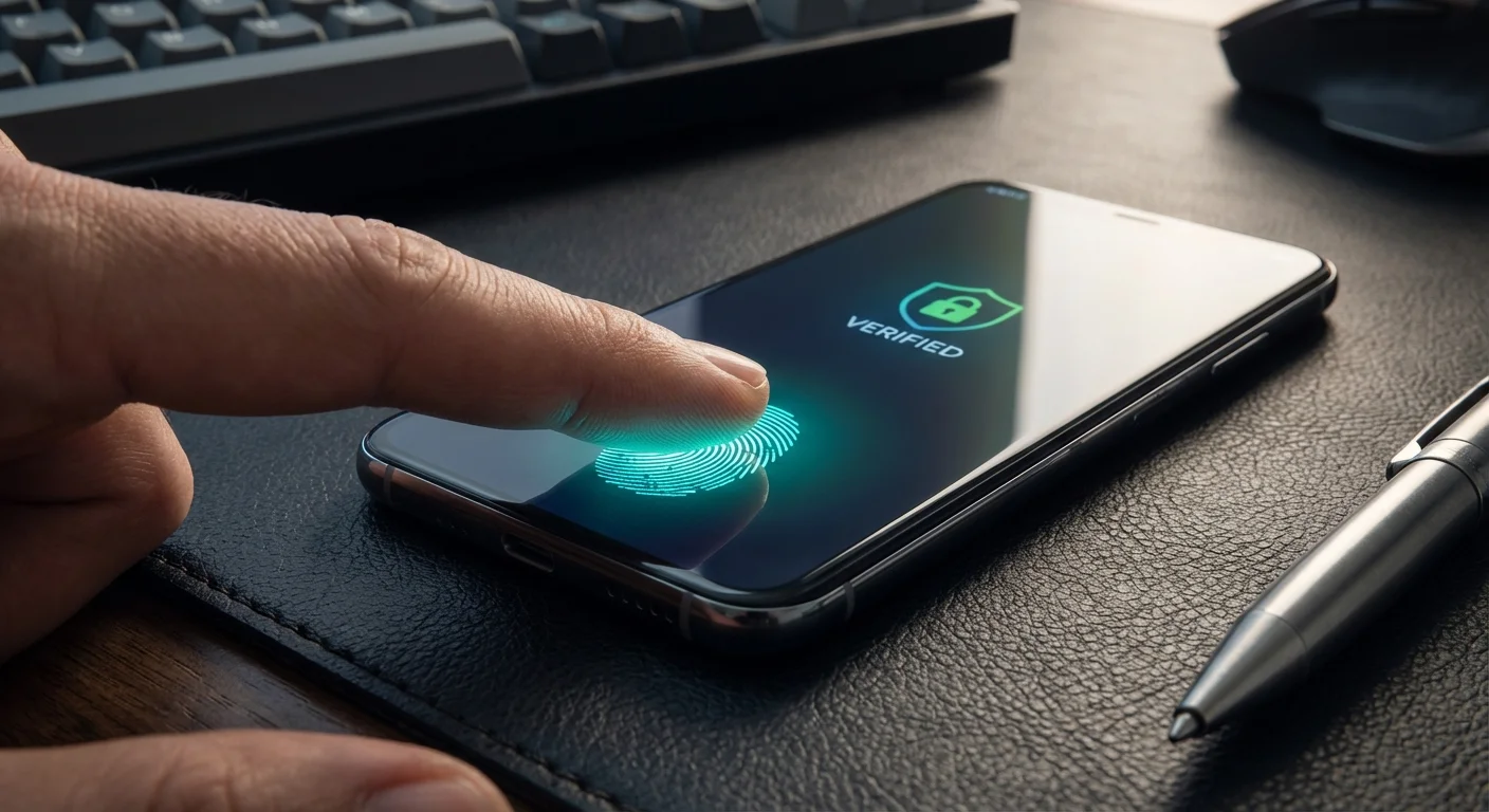 A close-up of biometric security being used on a smartphone to access a financial app.