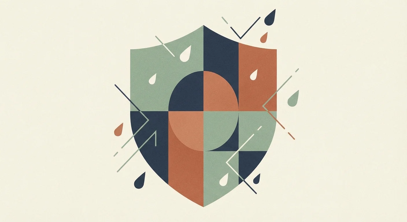 A colorful geometric shield protecting against a storm.