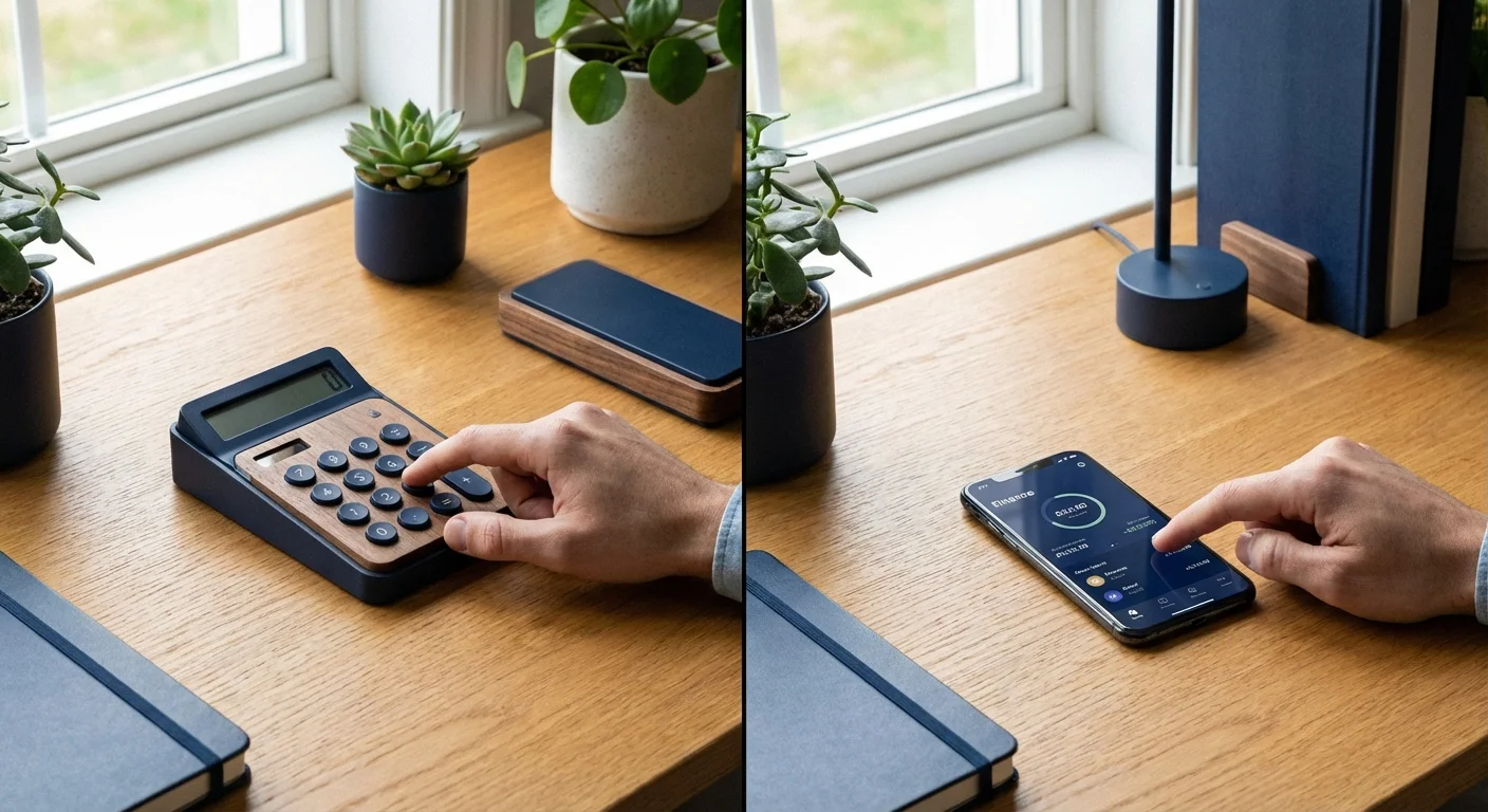 A comparison of a manual calculator and a smartphone app on a wooden desk.